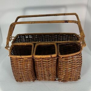 Vintage Boho Wicker Flatware Holder With Napkin Caddy